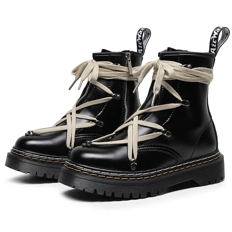 

Ботинки мартинсы с высоким верхом, на толстой подошве, с ремешком, женские короткие ботинки, ботинки из натуральной кожи с боковой молнией, мотоциклетная обувь с круглым носком