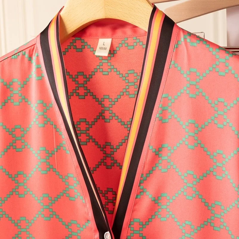 Lisacmvpnel 3 Pcs Suit Printed Pajamas Women's Spring Summer Ice Silk Sexy Short Sleeve Set Pyjamas