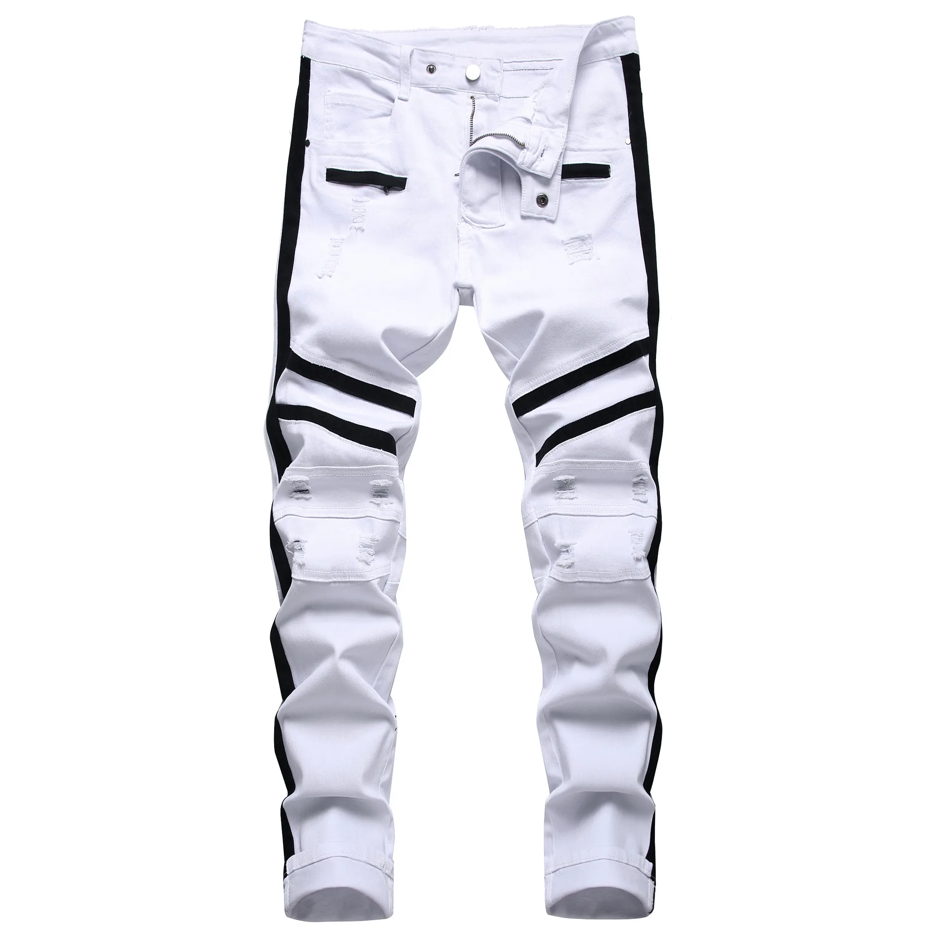 High Quality White Zip Jeans for Men Patchwork Stretch Ripped Denim Pants Men's Stripe Casual Jeans Trousers