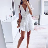 summer dresses 2021 cotton short sleeve sexy v neck hollow out white dress casual a line women elegant sexy evening mini bodycon