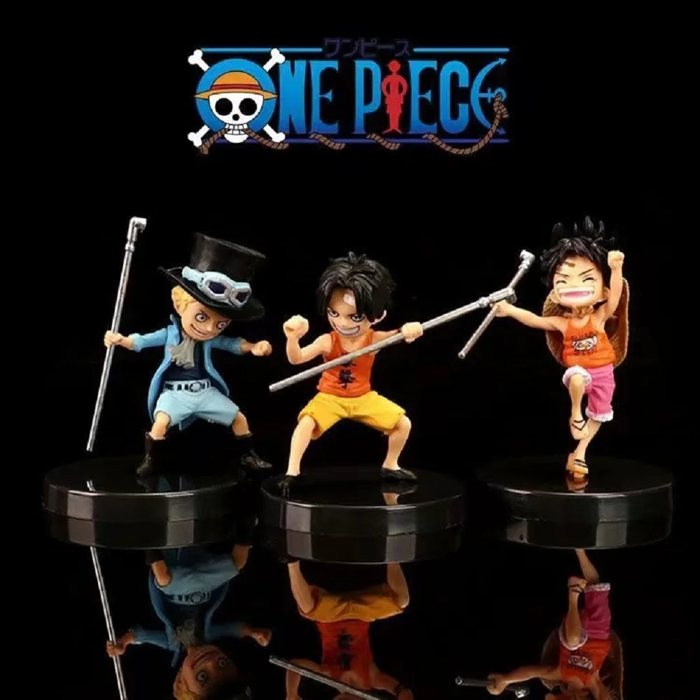 

3pcs/Set Anime One Piece 9cm Luffy Ace Sabo Figurine With Stick Weapoon Childhood PVC Action Figure Model Toys Dolls Kids Gift