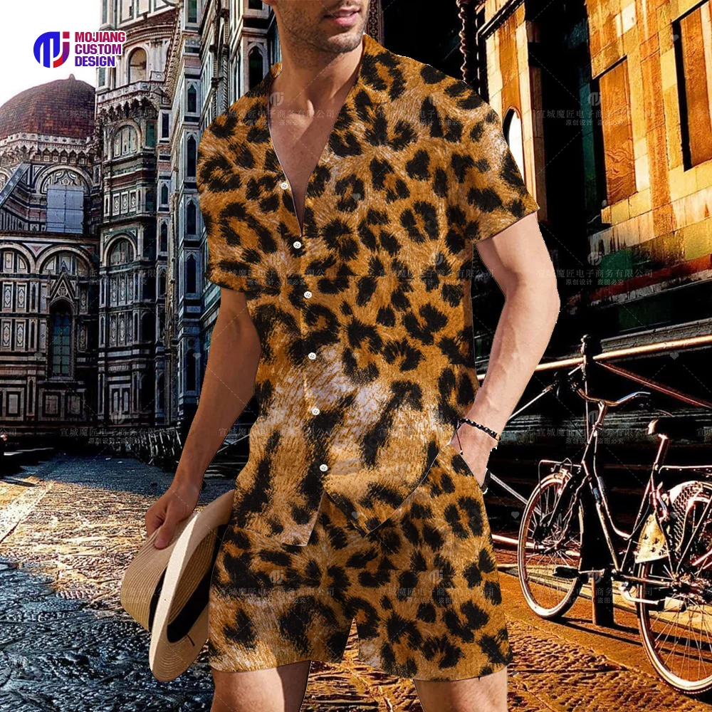 2023 Summer Men's Leopard Print Colorful 3D Lapel Shirt Button Short Sleeve + Shorts Set Men's Sports Hip Hop Set 2 Pieces