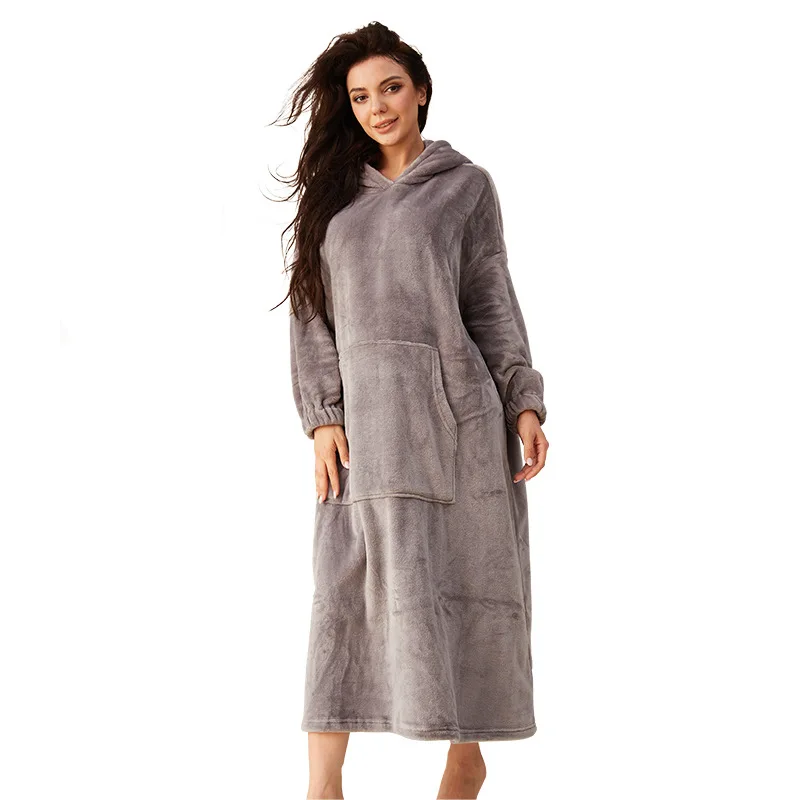 

2022 Winter Women Solid Color NightGowns Flannel Long Sleeve Loose Warm Nightshirt Comfortable Thermal Home One-piece Nightdress