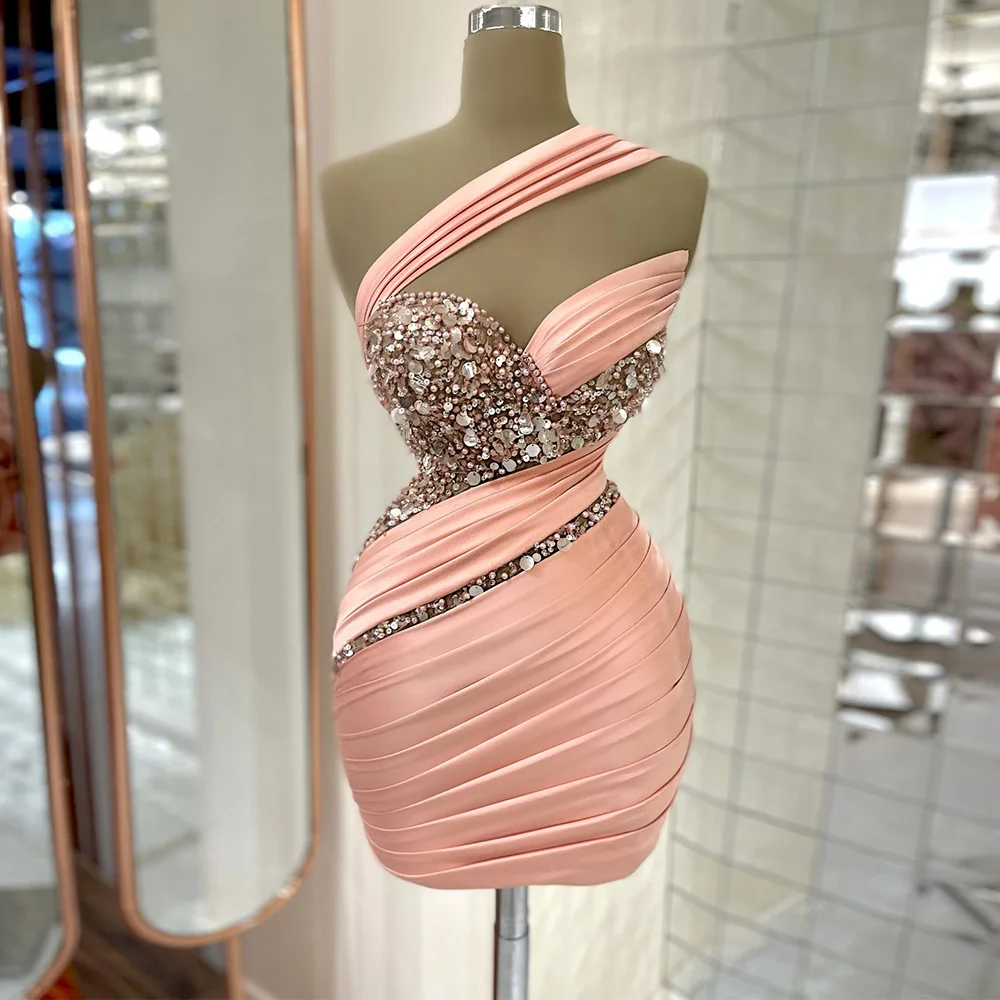 

Mini Cocktail Dress Pink Satin One Shoulder Luxury Cocktail Gown For Women 2022 Sleeveless Beading Sequin Sexy Party Dresses
