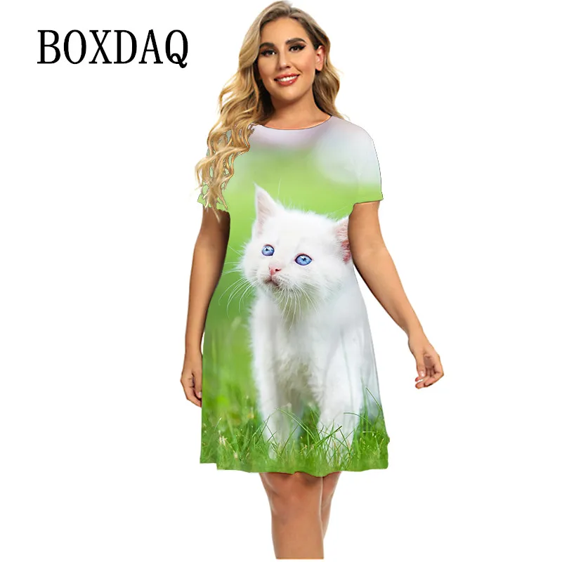 

Cute White Cat Dress Women Funny Fashion Short Sleeve Kawaii Dresses For Summer 2020 Casual Loose A-Line Dress Plus Size 5XL 6XL