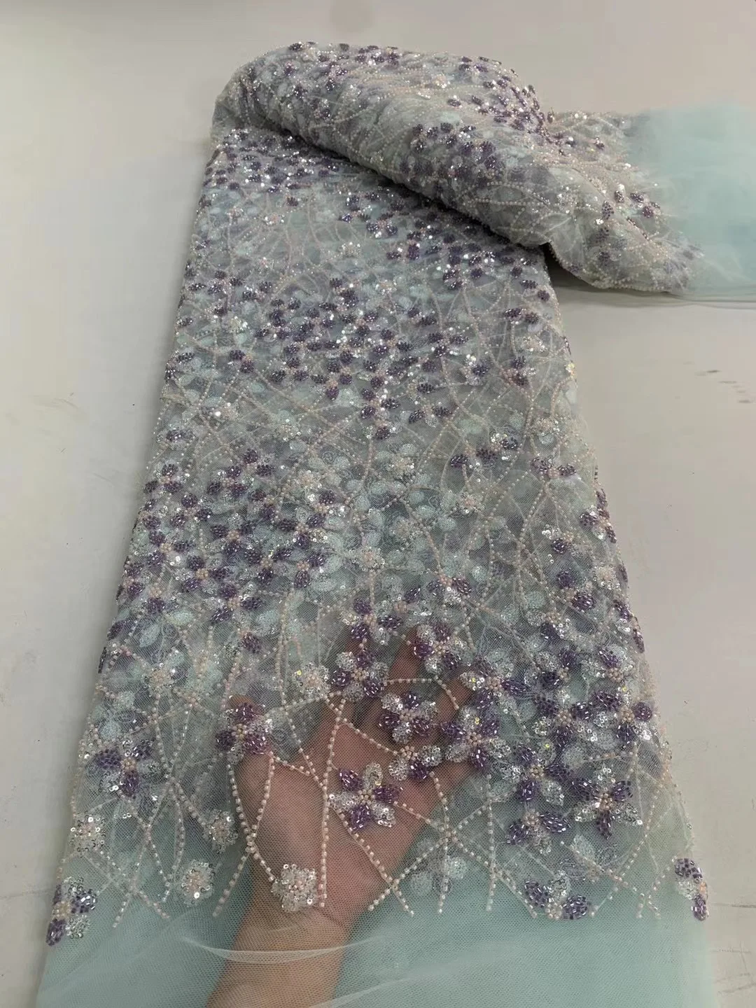 

French Heavy Handmade Muitcolour Beaded Tulle Lace Fabric 2023 African Luxury Sequins Lace Fabric For Women Wedding Party Dress