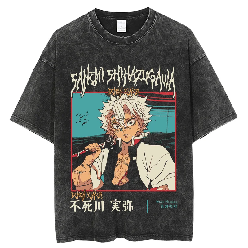 

Casual Vintage Washed T-shirt Anime Demon Slayer Oversized Hip Hop Harajuku Mens Tees Streetwear Unisex Tops