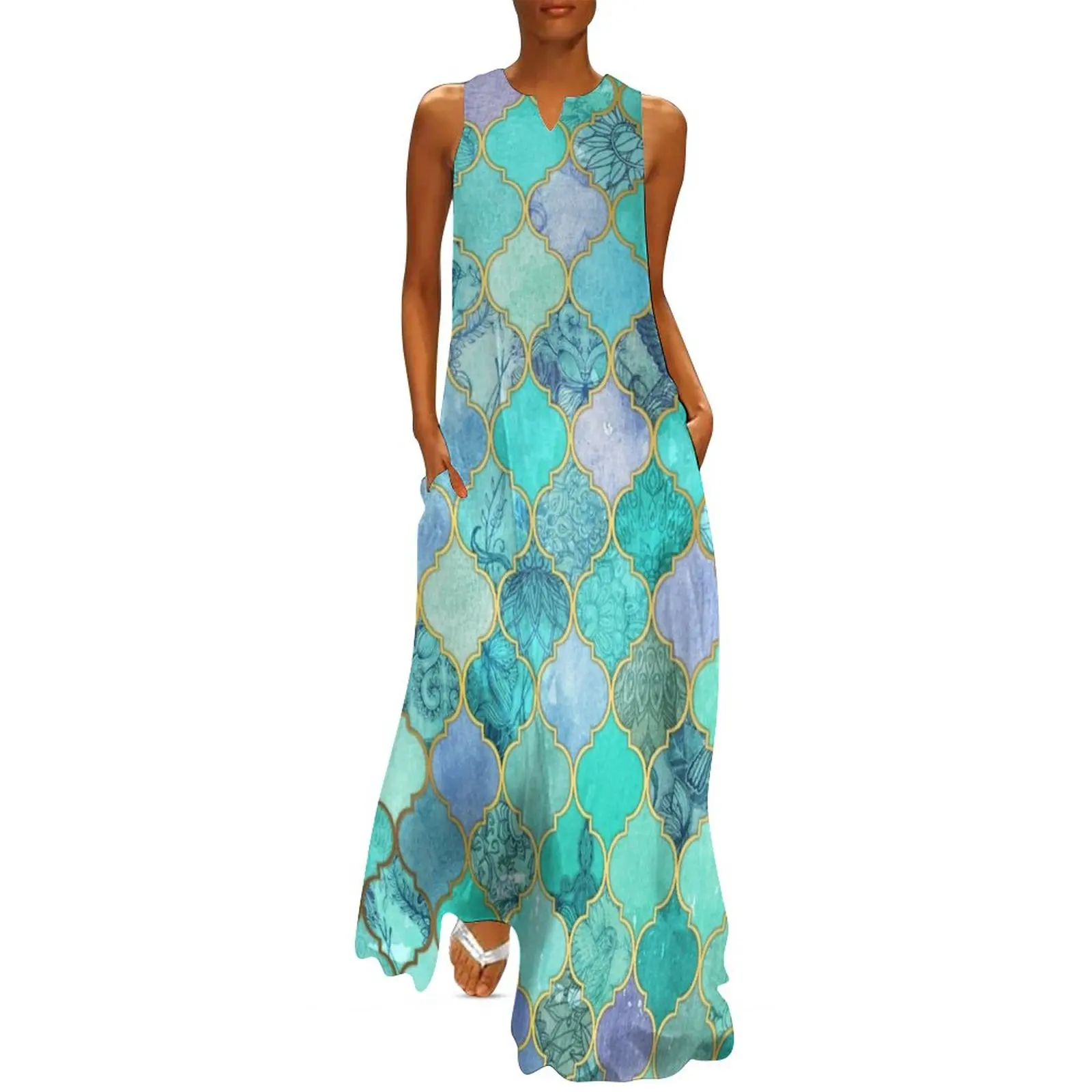 

Watercolor Baroque Dress Metallic Print Vintage Maxi Dress Street Fashion Boho Beach Long Dresses Women Big Size Vestidos