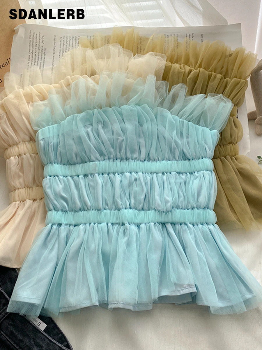 

Mesh Cinched Fashionable Vest Women's Summer Korean Style Sweet Bottoming Tops All-Matching Slim Fit Outer Wear Short Tube Top