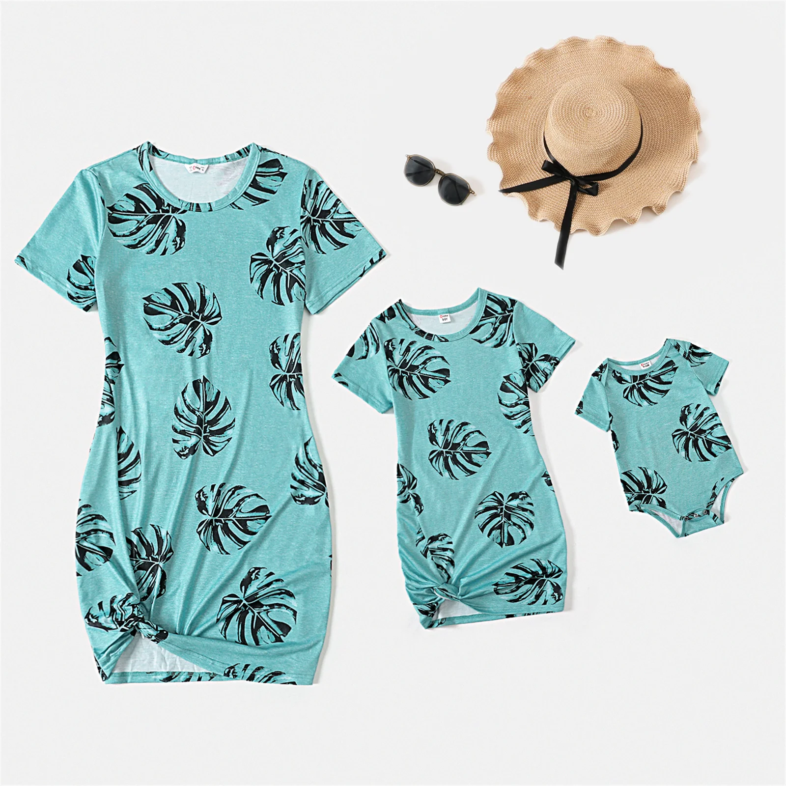 

PatPat Summer Allover Palm Leaf Print Grey Short-sleeve Twist Knot Bodycon Dress Mom and Me Mommy Mother and Children's Clothing