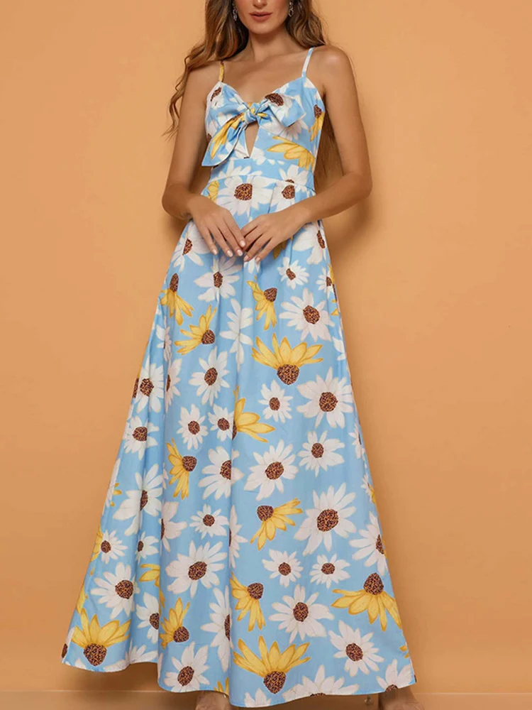 

Sexy Floral Printed Hollow Sleeveless Dress Summer Backless Pleated Lace-up Bow Sling Dress Elegant Backless A-Line Beach Dress