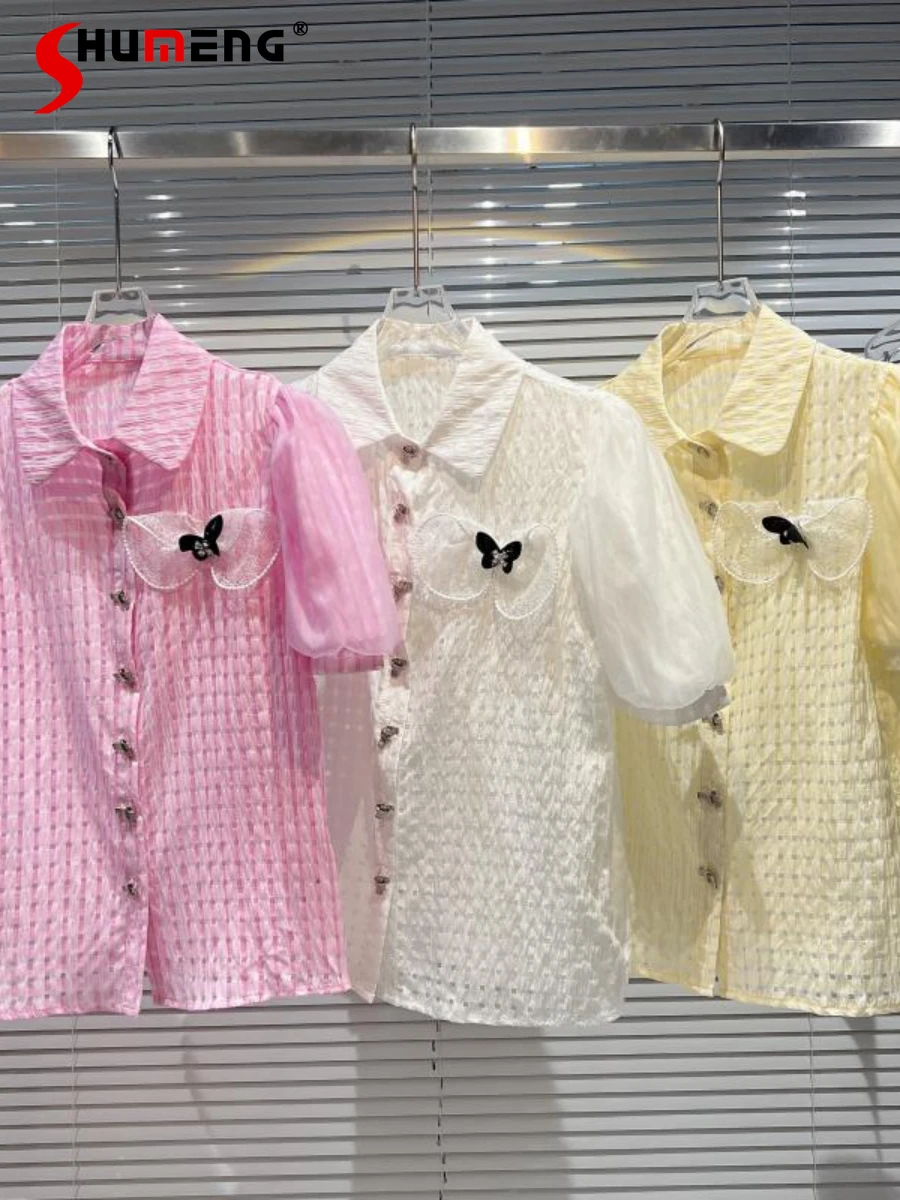 

Elegant Fashion Loose Tops 2022 Summer New Women's Outer Lining Mesh Bow Pin Puff Short Sleeve Button Up Shirt Blusas Mujer