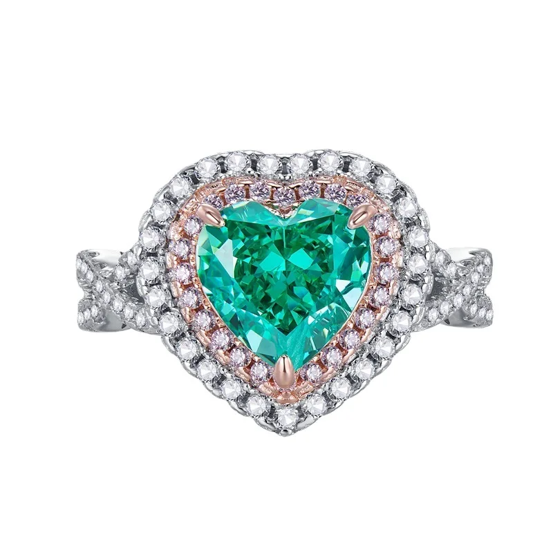 

SpringLady 925 Sterling Silver 8MM Heart Crushed Ice Cut Paraiba Tourmaline High Carbon Diamonds Gemstone Fine Jewelry Ring