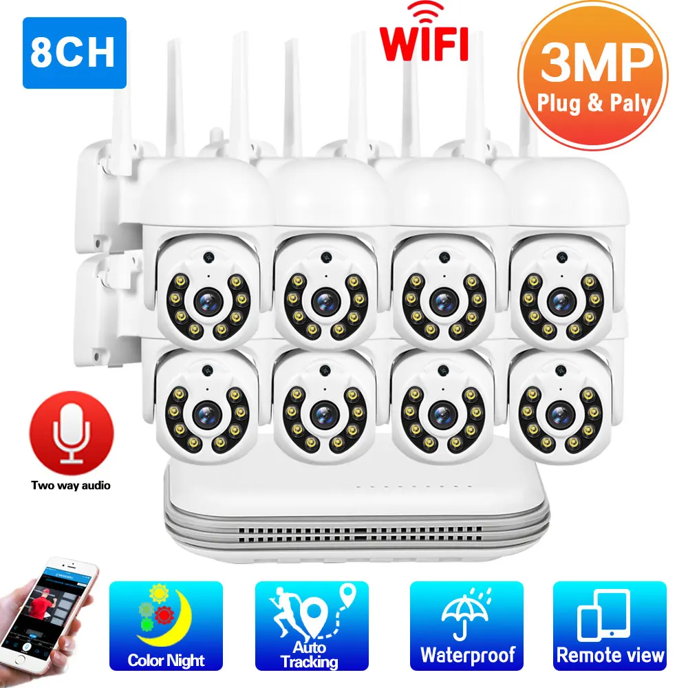 

8CH 3MP PTZ Wireless CCTV Camera System Outdoor Color Night Vision Wifi Security Camera Surveillance Kit XMEYE 4CH Wifi NVR Kit