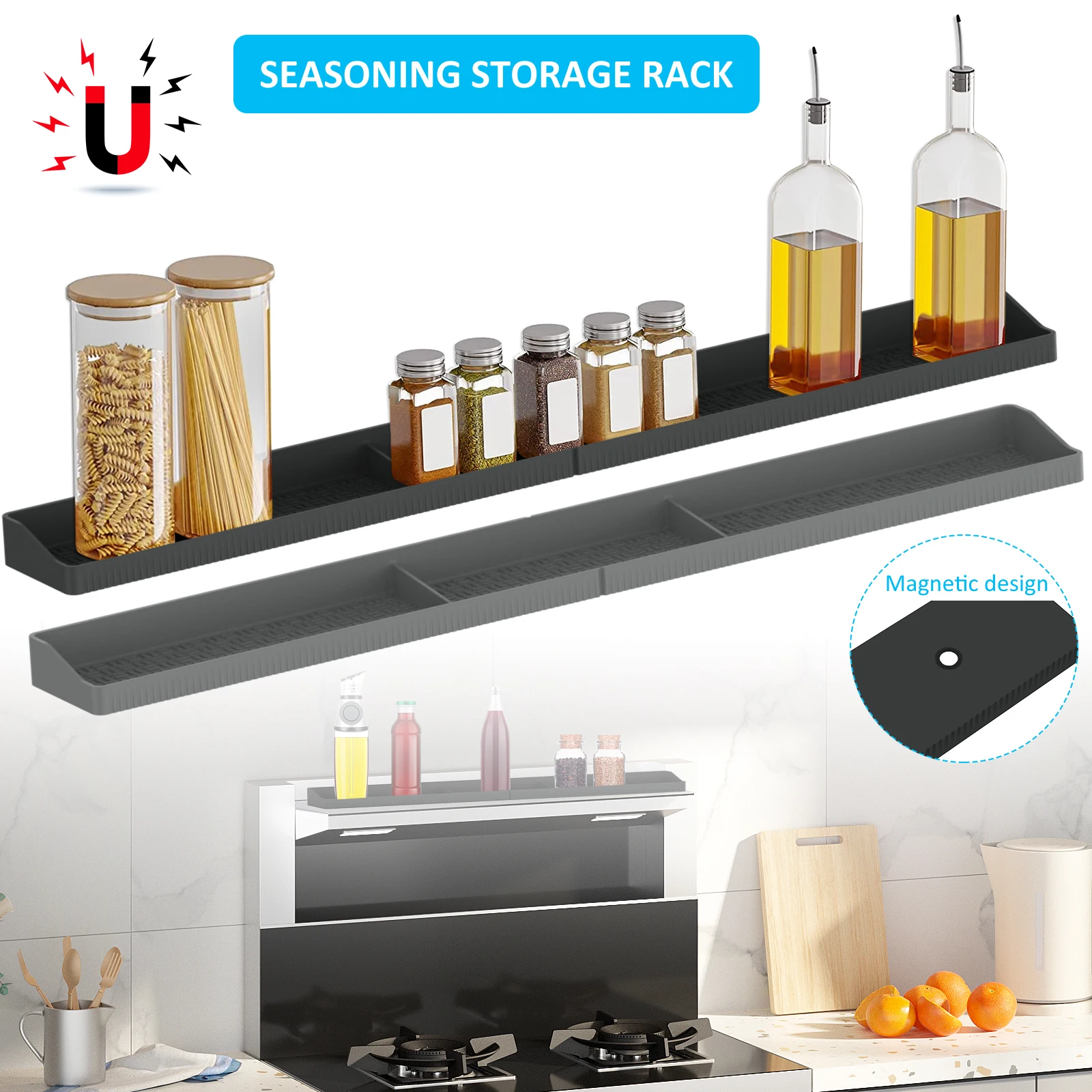 

Silicone Storage Tray for Stove Top Magnetic Over Stove Top Rack Kitchen Spice Organizer Rack Anti-Slip Stove Shelf for Kitchen