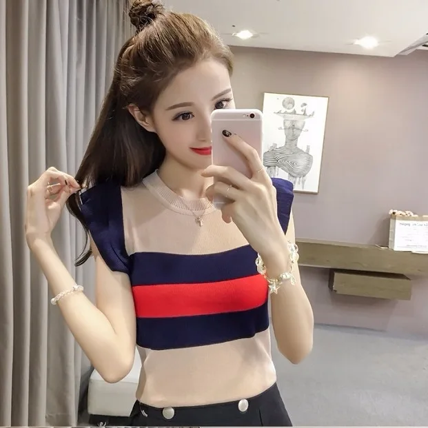 

New Short-sleeved T-shirt Women's Summer Slim-fit Short Ice Silk Knitted Base Shirt All-match Striped Thin Top