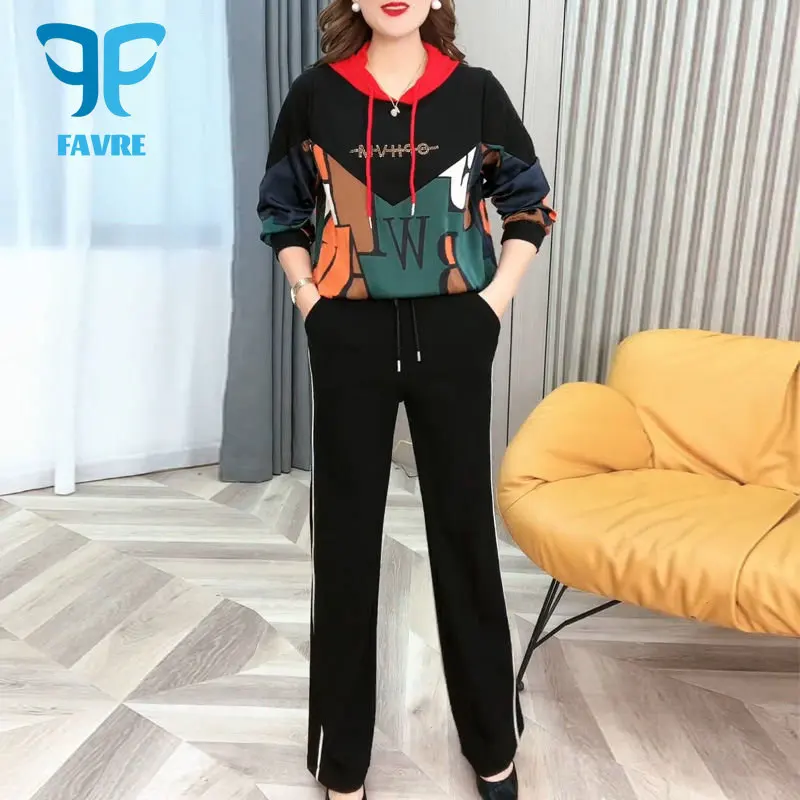 

FAVRE 2 Piece Sets Womens Outfits 2022 Autumn Fashion Tracksuits Print Hoodies Long Sleeve Pullover Elastic Waist Pants Suit