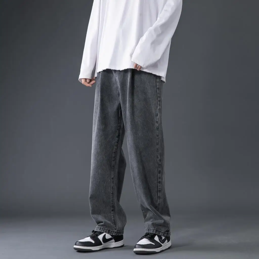 2022 Spring New Men's Denim Wide-leg Pants Korean Fashion Loose Straight-leg Vintage Jeans Male Brand Blue