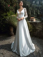 elegant a line long sleeve wedding dresses deep v neck backless 2021 white gown for women satin vestidos de noiva custom made