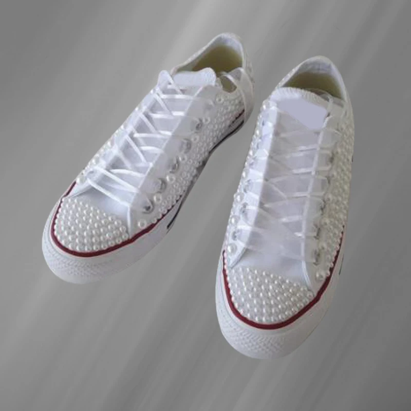 White canvas shoes pearl ribbon comfortable walking street shooting sneakers handmade pearl neutral vulcanized shoes 35-46