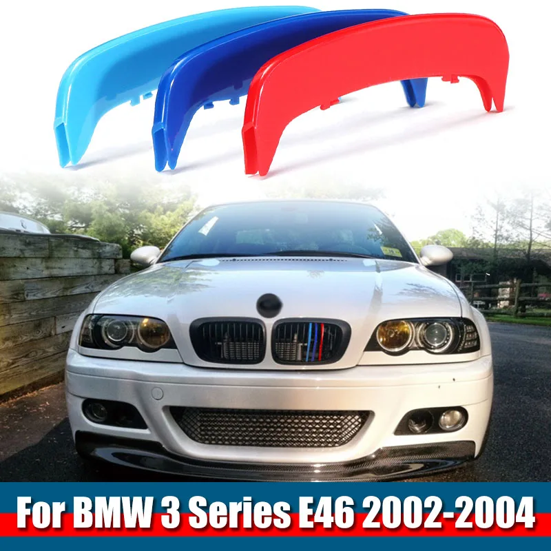 

3 Color Front Grille Trim Strips ABS Cover Kidney Grille Bar Cover Stripe Clip Decal For BMW E46 2002-2004 Sedan and Coupe
