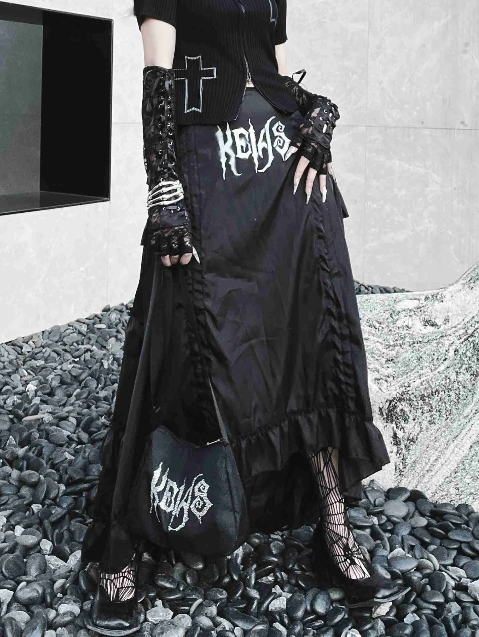 Rosetic New Fashion Women Goth Skirt High Waist Letter Printing Patchwork Lace Up Gothic Style Ladies Skirt For Autumn