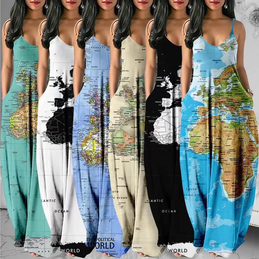 

Женское платье, Новинка лета 2023, Крутое платье на бретельках с цифровой печатью, темпераментная уличная одежда с V-образным вырезом, длинное платье без рукавов