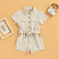 1 6t kids baby girls casual romper children toddler solid color short sleeve button down lapel bodysuit with belt for girls