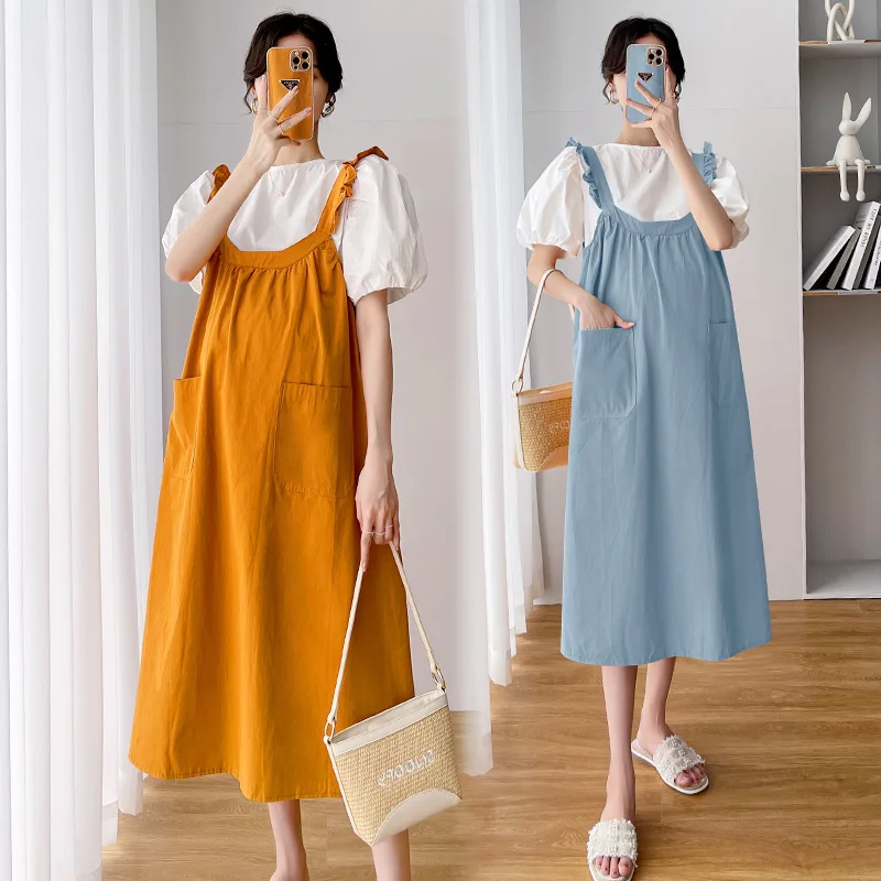 

New Short-sleeved Shirt Straps Mid-length Pregnant Women Fashion Suit Pregnant Women Simple Belly-covering Age-reducing Dress