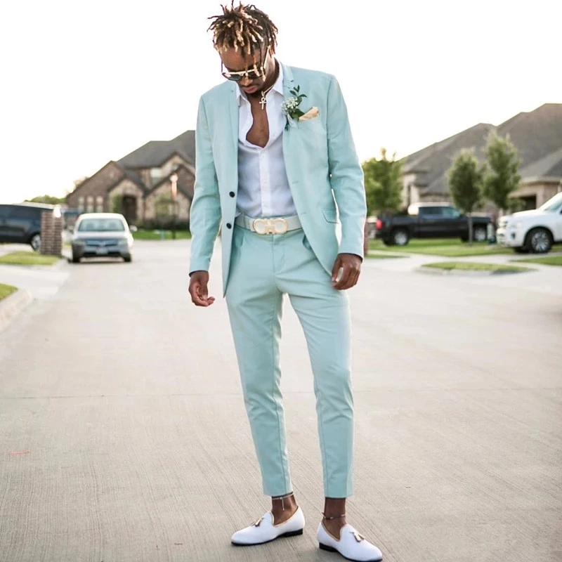 

Costume Homme Mint Green Mens Suits 2 Piece Beach Groomsmen Wedding Tuxedos for Men Notch Lapel Formal Prom Suit (Jacket+Pants)