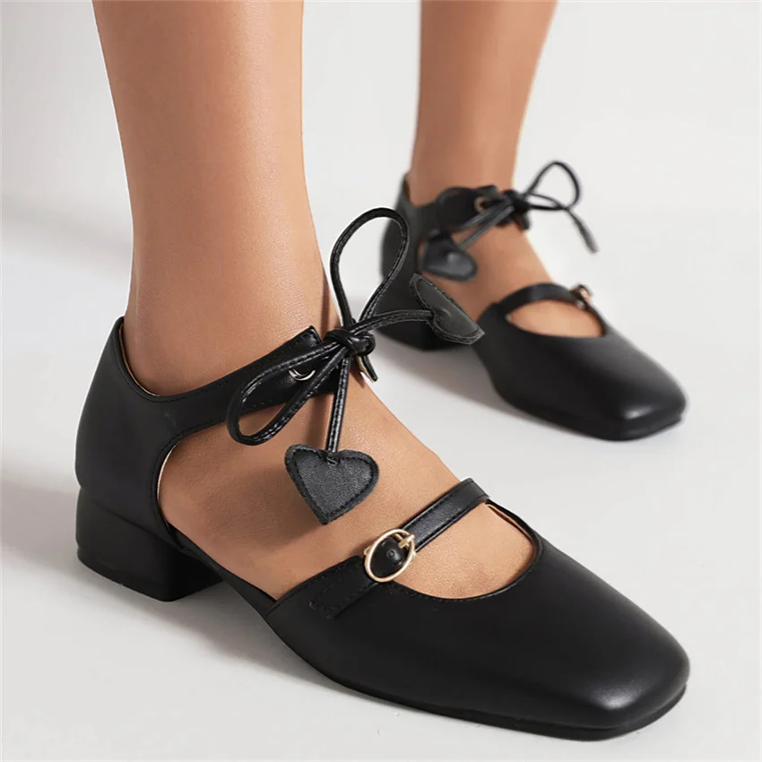

Middle Heel Women Shoes 2023 Spring Autumn Lace Up Dress Shoes Square Toe Shallow Girls Mary Janes Shoes 43 Size Dropshopping