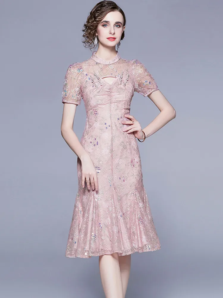

New Runway Hollowed Out Lace Mermaid Dresses For Women Summer Stand Collar Fashion Embroidery Sequins Mesh Sheath Dresses