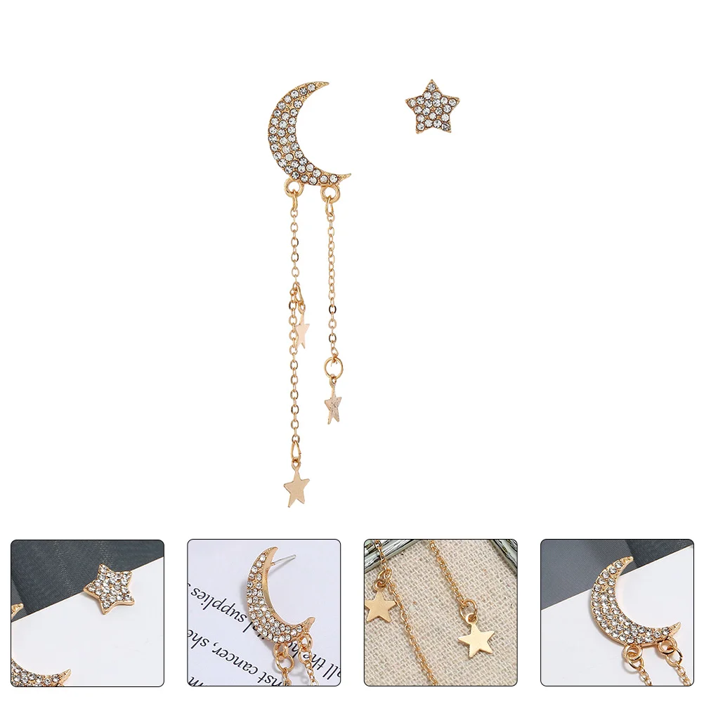 

1 Pair of Star Moon Earrings Decorative Tassel Stud Accessory (Golden)
