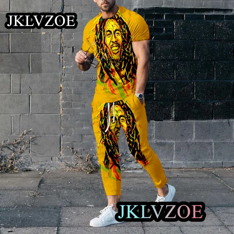 Bob Marley Trousers Tracksuits Men Printing TShirt Casual Shirt Suit Vintage Outfit New Fashion Clothing Street Style Plus Size