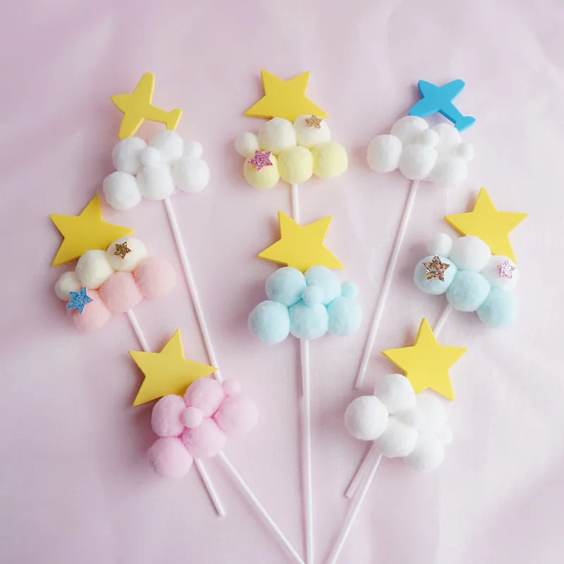 

Pink Blue Pompom Moon Flower Cloud Star Cake Topper Baby Shower Birthday DIY Cake Top Flags Decoration Festival Party Supplies