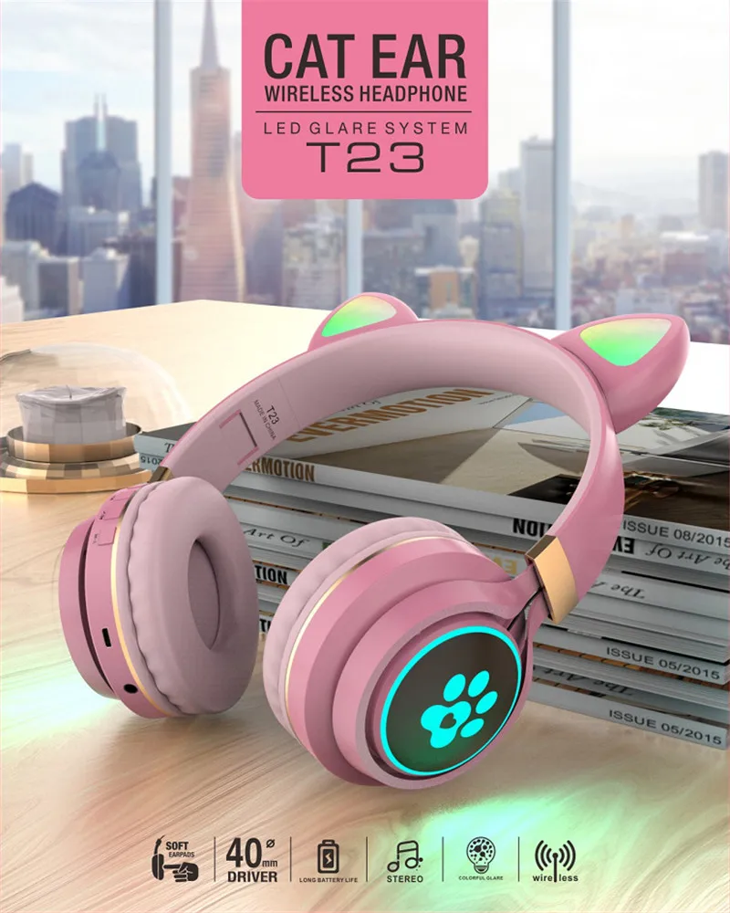 

Headphones Bluetooth 5.0 For Kids Wireless Headset T23 Led Cute Cat Ears With Mic Childrens Gift Stereo Music Earbud Earphone