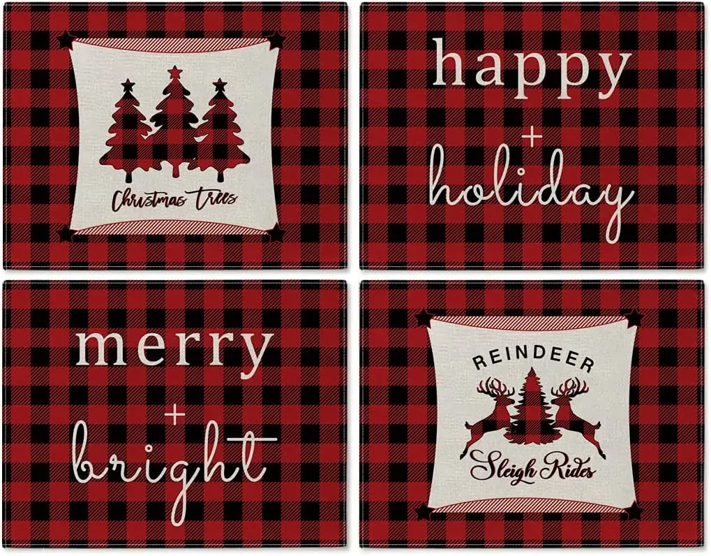 

Christmas Placemats Set of 4 Merry Bright Tree Reindeer Sleigh Rides Red Buffalo Plaid Xmas Winter Place Mats for Dining Table