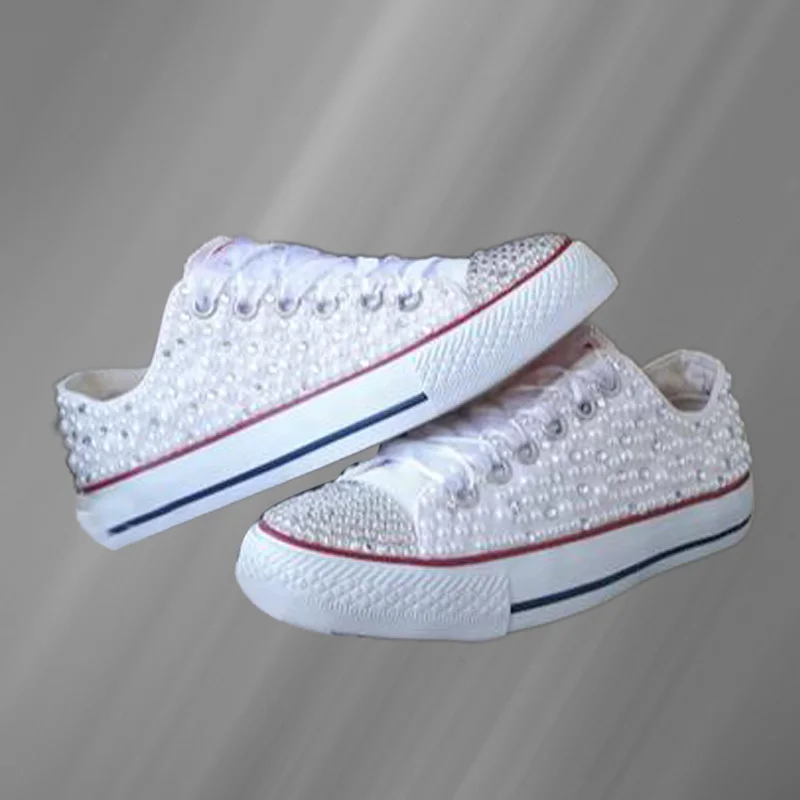 

Low-top white stitching pearl rhinestone canvas shoes street shooting comfortable handmade rhinestone vulcanized shoes 35-46