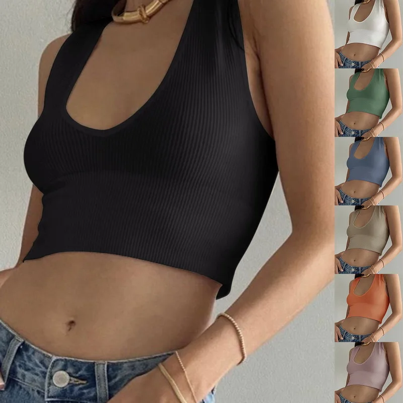 

Кроп-топ женский эластичный однотонный без рукавов с V-образным вырезом