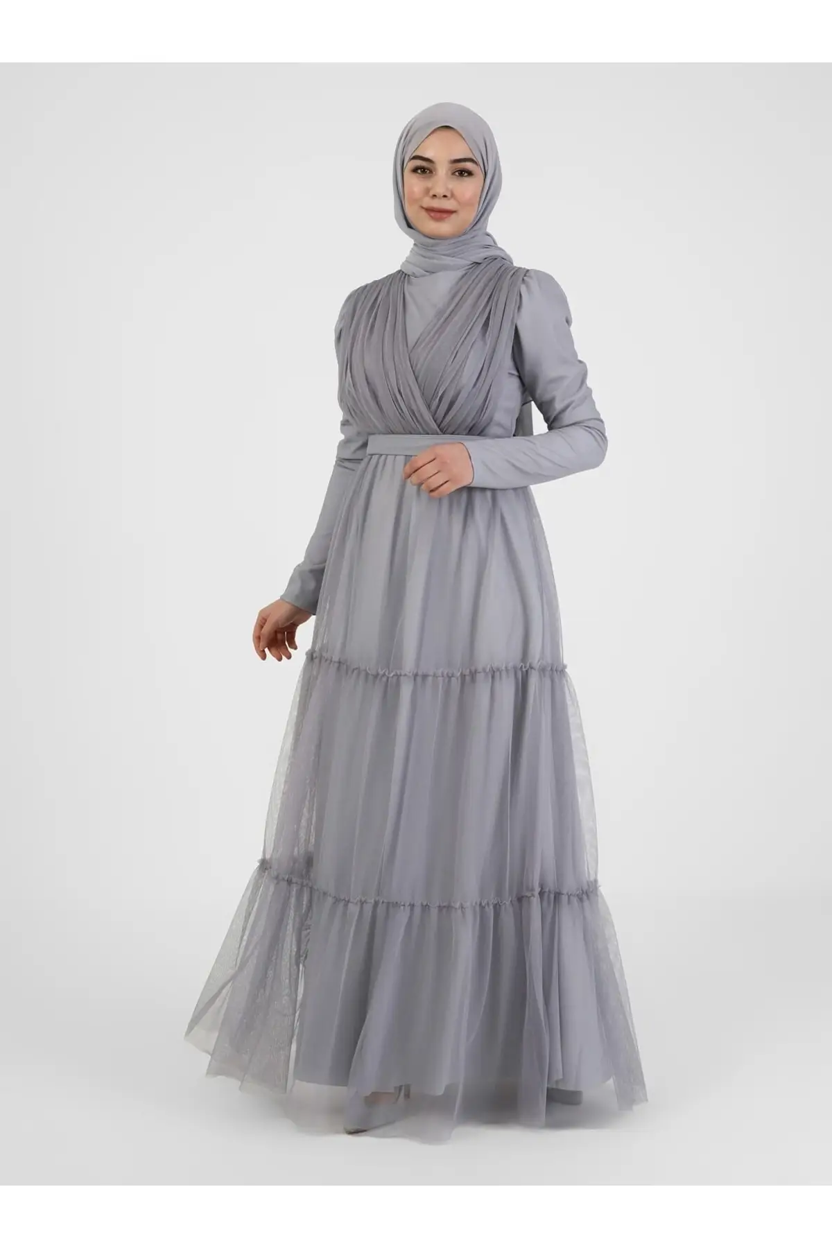 

Belt Detailed Tulle Evening Dress-Gray-