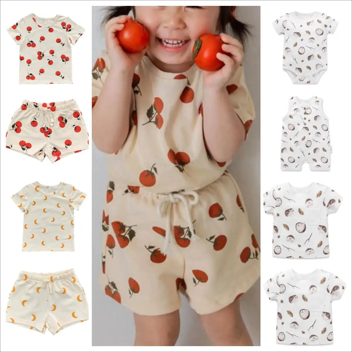 

2023 Summer Kids Clothes Cotton Tees Baby Boys and Girls Printed Short Sleeve T Shirts and Shorts Two Piece Set