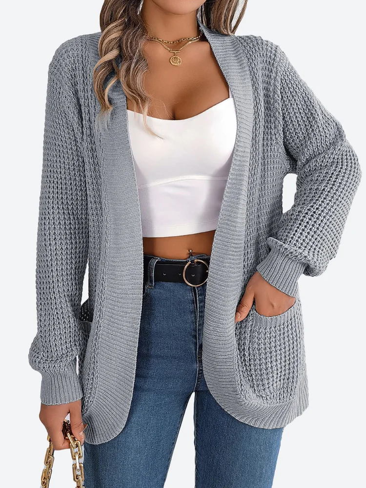 

Benuynffy Womens Long Sleeve Open Front Cardigan Fall 2023 Solid Gray White Khaki Knitted Casual Sweater Coat with Pockets