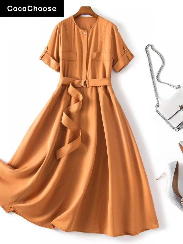

Elegant Women Summer Dress 2022 Fashion New Solid Color Round Neck Short Sleeve Self Belted A-line Midi Dresses Orange Navy Blue