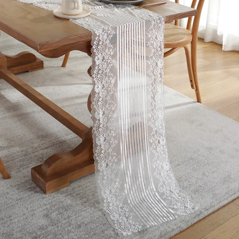 

Fashion White Floral Lace Table Runner Black Table Cover Chair Sash for Banquet Baptism Wedding Party Table Decoration 38x300cm