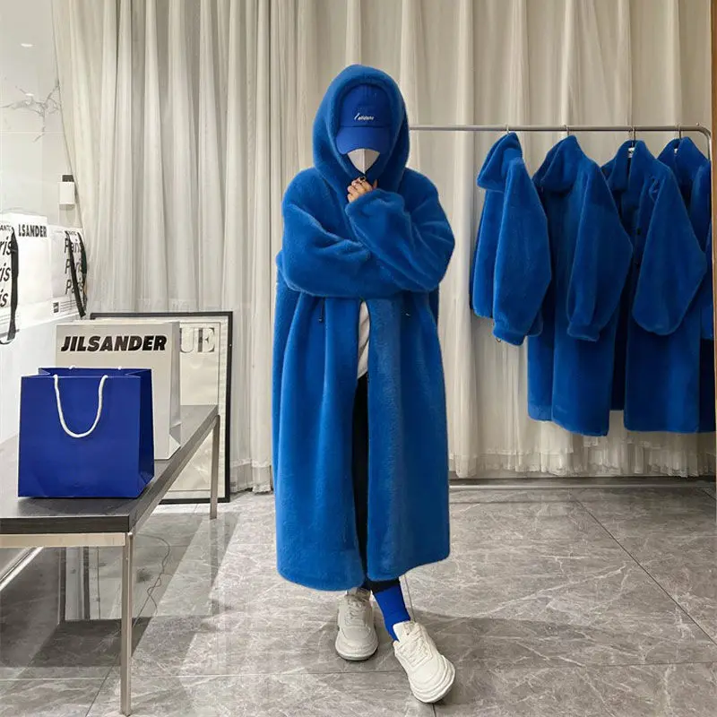Winter Long Faux Fur Coat Women Thick Warm Blue White Black Fluffy Hooded Jacket Loose Casual Korean Fashion Tops Female Clothes