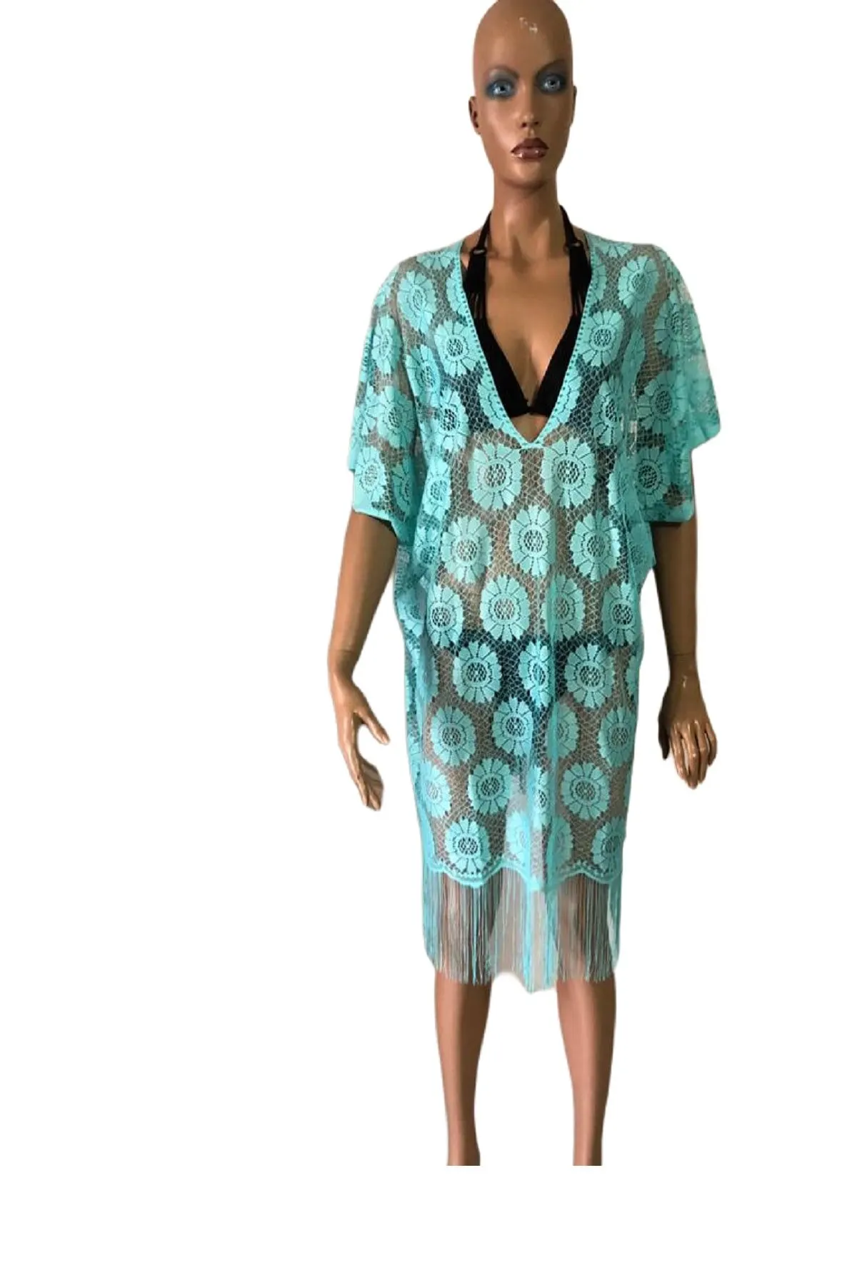 

Women's Pareo Mit Green Daisy Patterned Tassels Swimwear Cover Dress Sexy Tunic Suit Beachwear Female Beach Bikini Cover