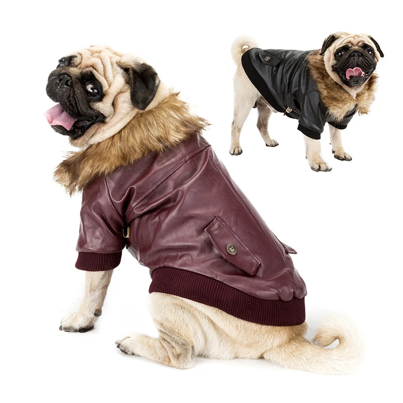 

Luxury Dog Clothes PU Leather Winter Dog Coat Faux Fur Collar Fashion Warm Pet Clothes for Small Dog French Bulldog