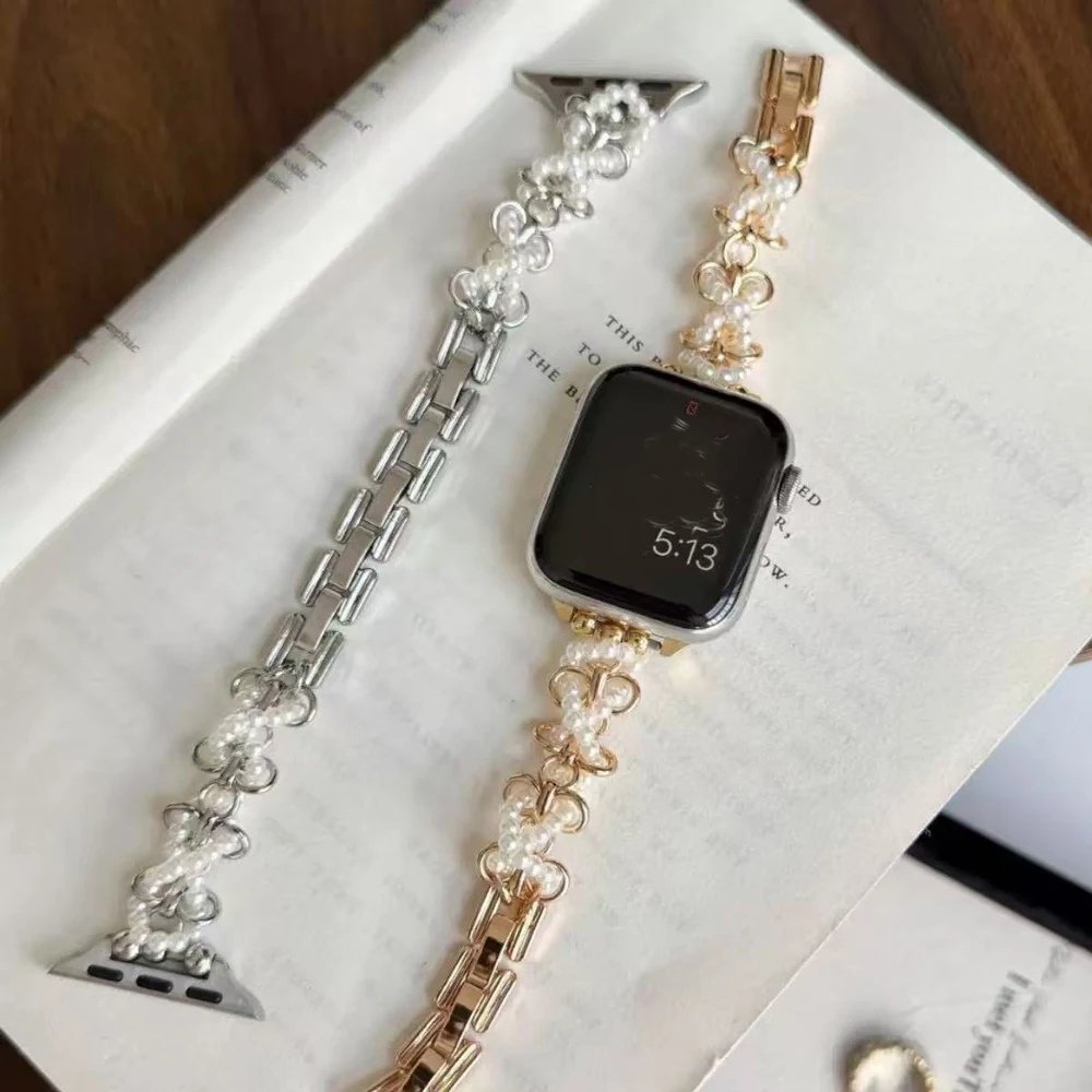 Фото Женский ремешок из нержавеющей стали для Apple Watch Ultra 2/1 49 мм 10 9 8 7 42 мм 46 44 45 мм Жемчужный ремешок для IWatch 6 5 4 SE 38 40 41 мм №1