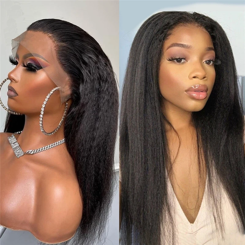 

180 Density Long Kinky Straight Lace Front Wigs Yaki Straight Glueless Lace Front Wigs For Black Women Heat Resistant Fiber Wig