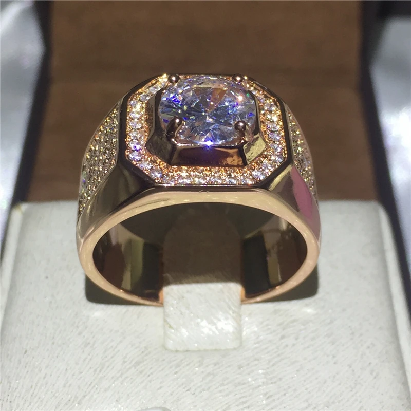

Handmade Rose Gold ring Round cut 3ct Stone 5A Zircon Cz Silver Color Engagement Wedding Band Ring for men